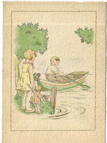 lodka856p HOLČIČKA S PANENKOU A CHLAPEČEK NA LOĎCE pohlednice