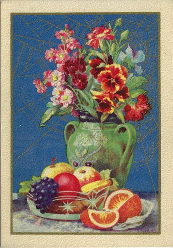 ZÁTIŠÍ S OVOCEM A KYTICÍ NA MODRÉM POZADÍ – detail 1