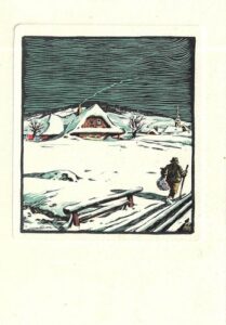 ZASNĚŽENÁ CHALOUPKA (DŘEVORYTOVÁ MALBA) pohlednice