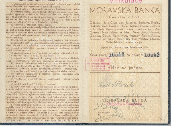 MORAVSKÁ BANKA – VKLADNÍ KNÍŽKA