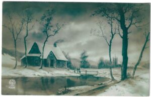 DOMEK S RYBNÍKEM V ZASNĚŽENÉ KRAJINĚ pohlednice