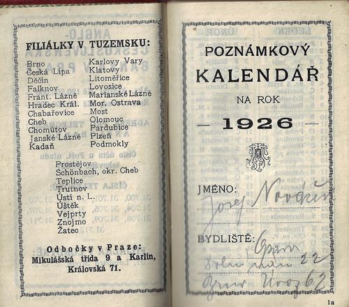 ANGLO-ČESKOSLOVENSKÁ BANKA – POZNÁMKOVÝ KALENDÁŘ 1926 – detail 1