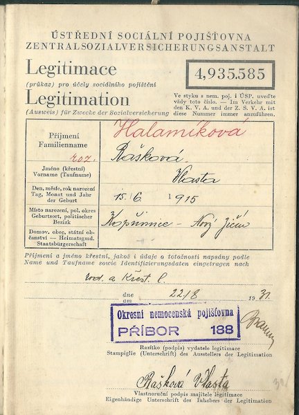 ÚSTŘEDNÍ SOCIÁLNÍ POJIŠŤOVNA – LEGITIMACE – detail 1