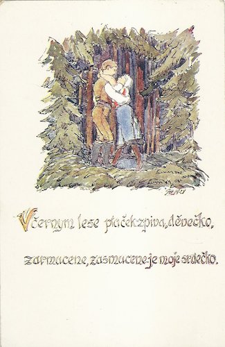 V ČERNYM LESE PTAČEK ZPIVA, DĚVEČKO pohlednice