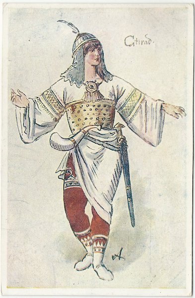 mikal_navrhkostkfibichsarces MIK. ALEŠ: NÁVRHY KOSTÝMŮ K FIBICHOVĚ SÁRCE. 2. CTIRAD. pohlednice