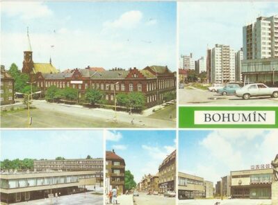 BOHUMÍN: MĚSTSKÝ NÁR. VÝBOR – NOVÁ VÝSTAVBA – DŮM SLUŽEB – TŘÍDA KL. GOTTWALDA – BUDOUCNOST pohlednic