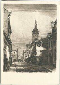 ČESKÉ BUDĚJOVICE: HROZNOVÁ UL. S MASNÝMI KRÁMY A S ČERNOU VĚŽÍ pohlednice