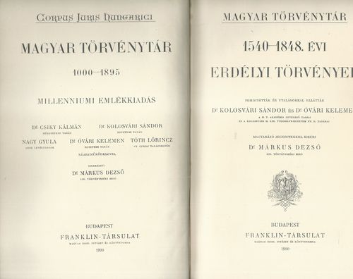 MAGYAR TÖRVÉNYTÁR 1000-1895. 1540-1848. ÉVI ERDÉLYI TÖRVÉNYEK – detail 1