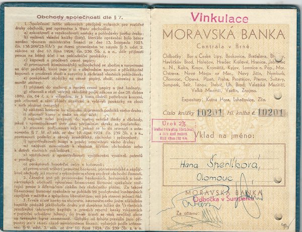 MORAVSKÁ BANKA - VKLADNÍ KNÍŽKA – detail 1