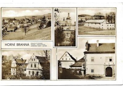 HORNÍ BRANNÁ: CELKOVÝ POHLED, KOSTEL, SOKOLOVNA, SMRČKŮV DŮM, ZÁMEK pohlednice