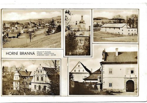 HORNÍ BRANNÁ: CELKOVÝ POHLED, KOSTEL, SOKOLOVNA, SMRČKŮV DŮM, ZÁMEK pohlednice