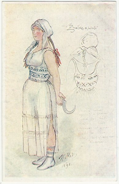 mikale_navrhkkostksmetlib MIK. ALEŠ: NÁVRHY KOSTÝMŮ K SMETANOVĚ LIBUŠI. 1. ŽNEČKA. pohlednice