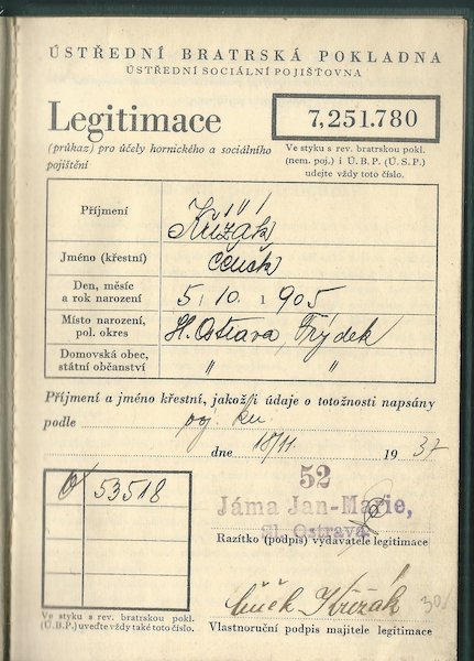 ÚSTŘEDNÍ BRATRSKÁ POKLADNA – LEGITIMACE