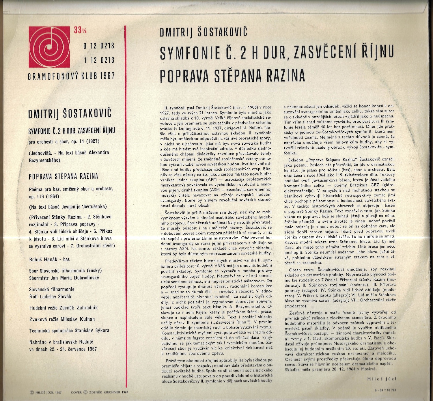 DMITRIJ ŠOSTAKOVIČ – SYMFONIE Č. 2 H DUR, ZASVĚCENÍ ŘÍJNU / POPRAVA STĚPANA RAZINA (LP) - Obrázek 2